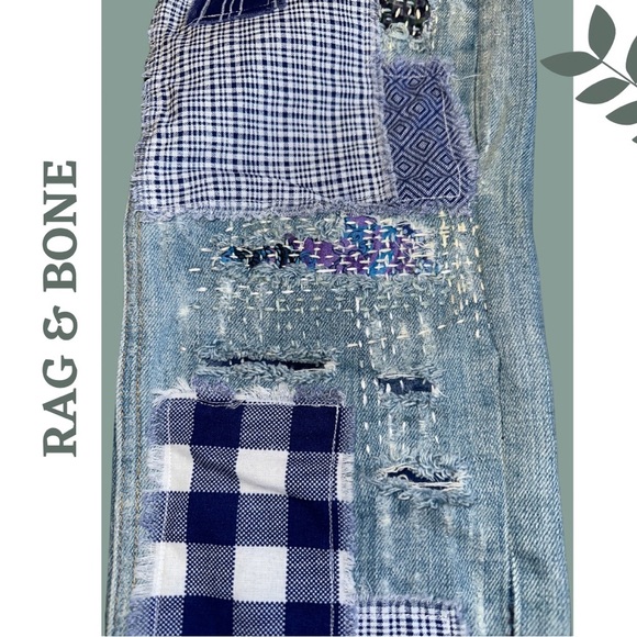 Rag & Bone Upcycled Patchwork Denim Jeans Hand Embroidered Blue White Size 29 - Picture 4 of 8